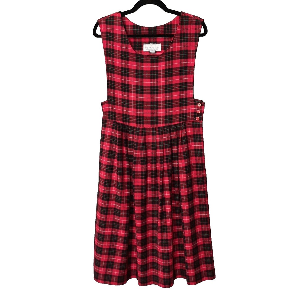 VTG Red Plaid Flannel Jumper Dress Pinafore Size 8 Cottagecore 90s Academia 80s